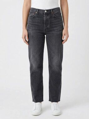 Re/Done Black Wash Stove Pipe Jeans Size 31 High Rise Straight Leg Raw Hem